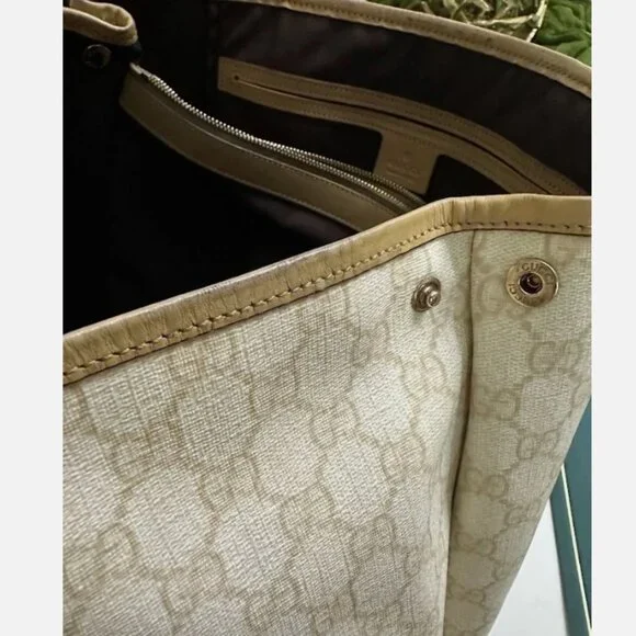 Gucci GG Canvas Beige Leather Trim Large Tote Bag Authentic - Picture 10 of 11